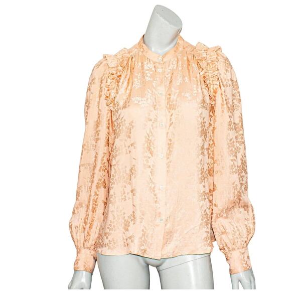 MASSCOB Medium Silk Ruffle Shoulder Blouse Peach Floral - Picture 1 of 9